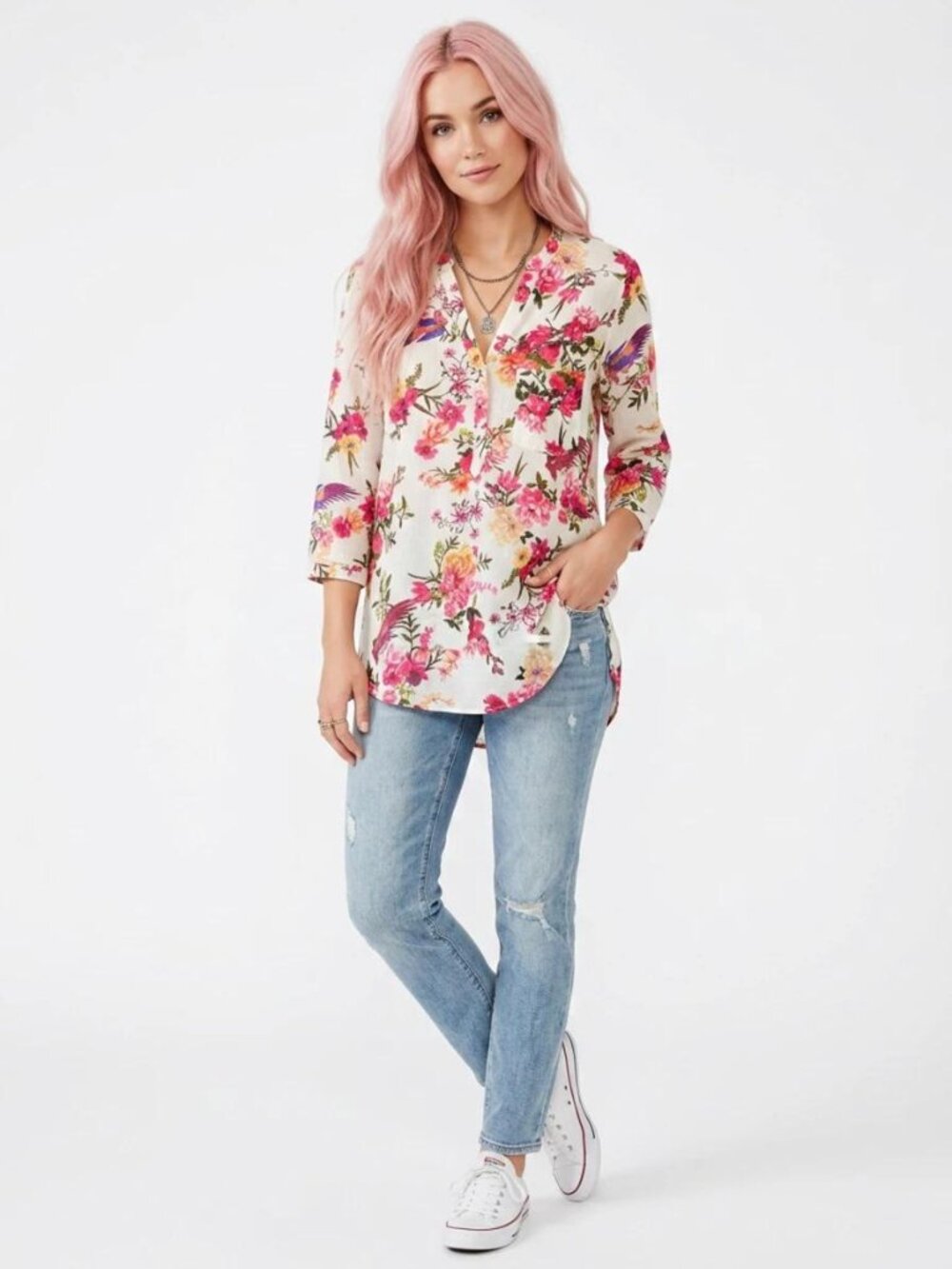 Zara Floral Bird Print Blouse 3/4 Sleeve V Neck tunic Top white Pink M Medium